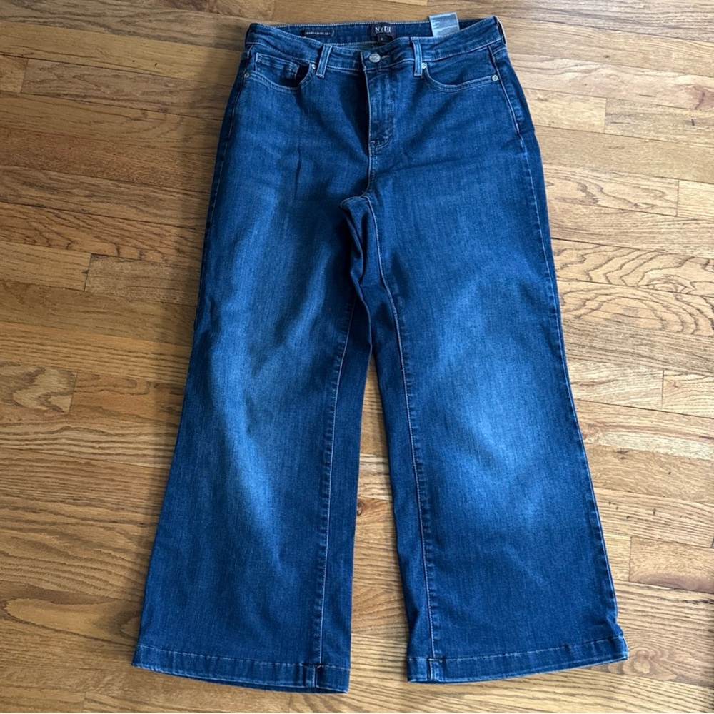 NYDJ Women’s 8 Teresa Wide Leg Jeans Dark Wash Stretch Blue Denim HEMMED 26.5”